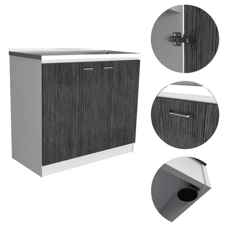 Mueble Inferior Napoles Blanco Nevado y Roble Gris 100x90cm con Mesón de Acero Inoxidable y con Pozuelo Lado Derecho - Cocinas | Bylmo