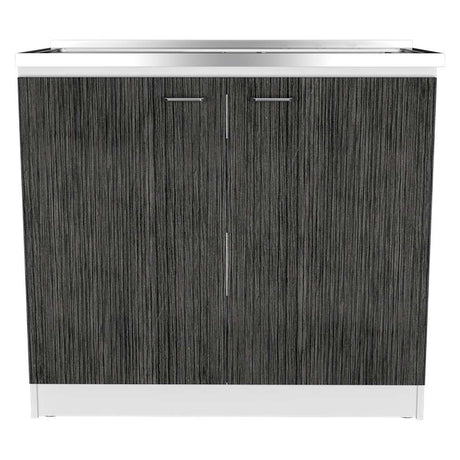 Mueble Inferior Napoles Blanco Nevado y Roble Gris 100x90cm con Mesón de Acero Inoxidable y con Pozuelo Lado Derecho - Cocinas | Bylmo