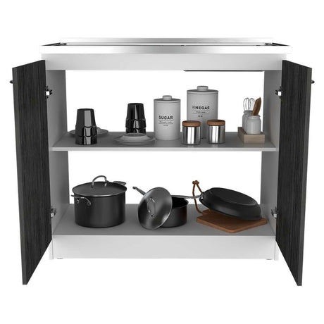 Mueble Inferior Napoles Blanco Nevado y Roble Gris 100x90cm con Mesón de Acero Inoxidable y con Pozuelo Lado Derecho - Cocinas | Bylmo