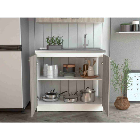 Mueble Inferior Napoles Blanco y Ceniza 100x90cm con Mesón de Acero Inoxidable y con Pozuelo Lado Derecho - Muebles Inferiores | Bylmo