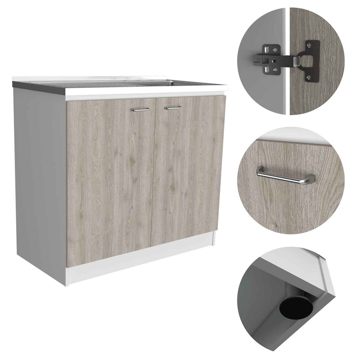 Mueble Inferior Napoles Blanco y Ceniza 100x90cm con Mesón de Acero Inoxidable y con Pozuelo Lado Derecho - Muebles Inferiores | Bylmo