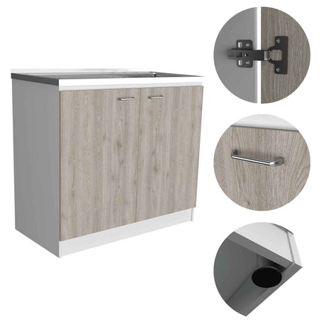 Mueble Inferior Napoles Blanco y Ceniza 100x90cm con Mesón de Acero Inoxidable y con Pozuelo Lado Derecho - Muebles Inferiores | Bylmo
