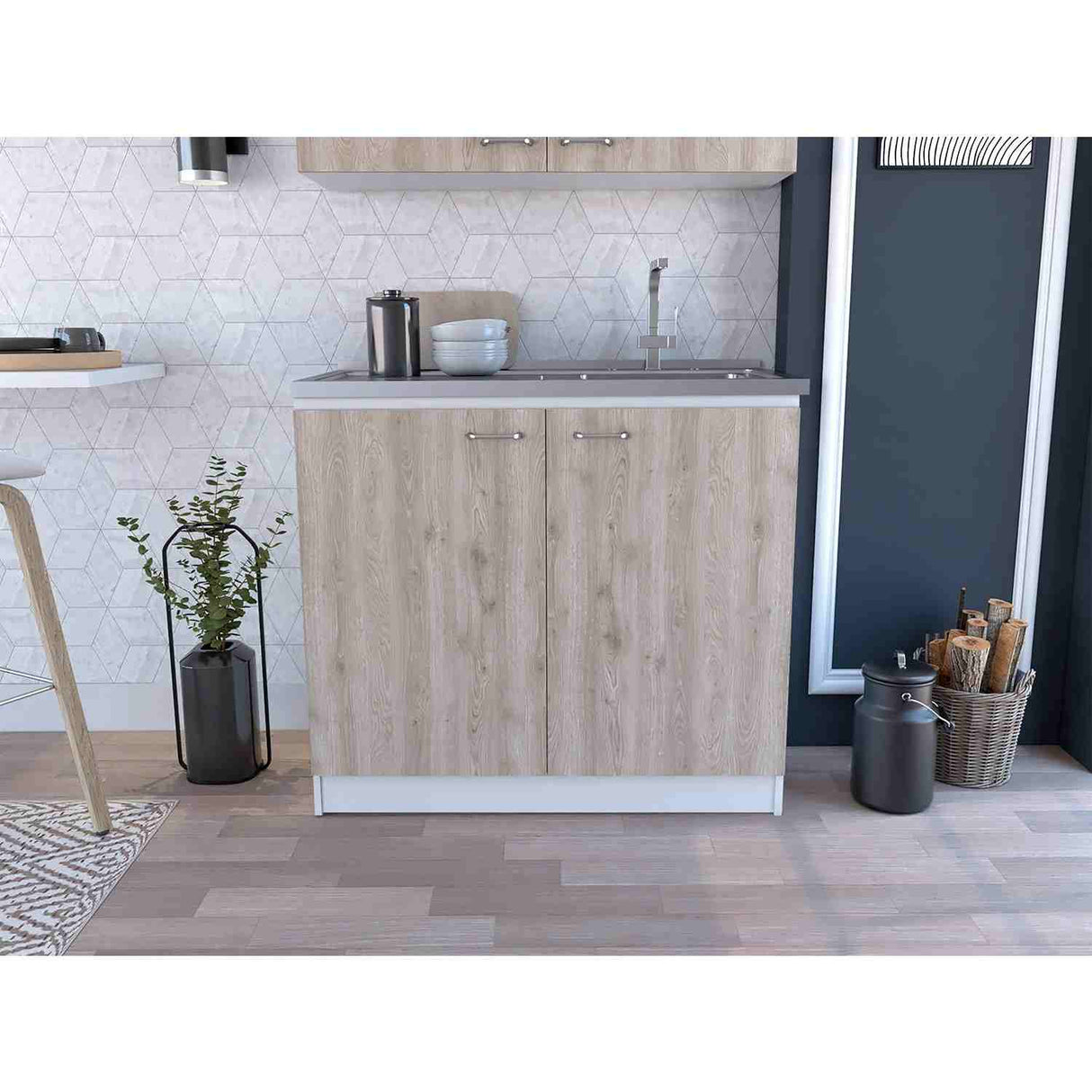 Mueble Inferior Napoles Blanco y Ceniza 100x90cm con Mesón de Acero Inoxidable y con Pozuelo Lado Derecho - Muebles Inferiores | Bylmo