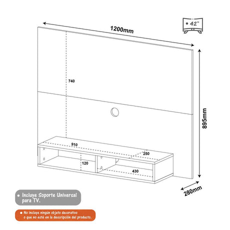 Panel de TV Negro 120x89cm Para TV Hasta 42 Pulgadas sin Cajones y con Ranuras para Cables - Muebles para TV | Bylmo