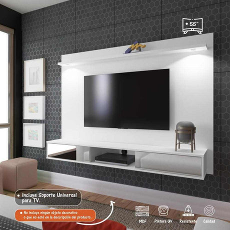 Panel de TV Platinum Blanco 124.5x180cm Para TV Hasta 55 Pulgadas con Dos Cajones y con Ranuras para Cables - Muebles para TV | Bylmo