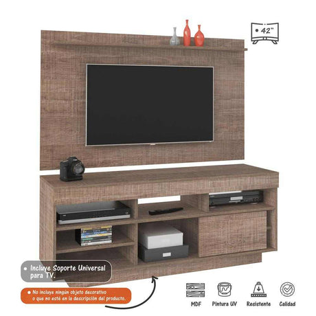Combo Mueble y Panel de TV Roma Canela y Amarillo 140x139cm para TV Hasta 42 Pulgadas con Ranuras para Cables y con Siete Compartimientos - Muebles para TV | Bylmo