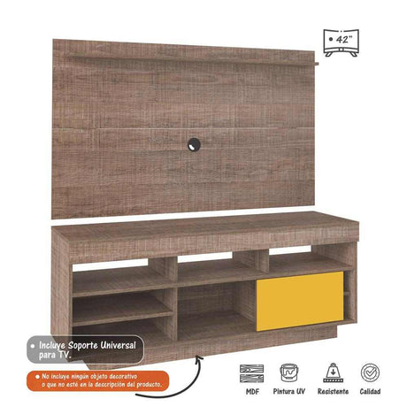 Combo Mueble y Panel de TV Roma Canela y Amarillo 140x139cm para TV Hasta 42 Pulgadas con Ranuras para Cables y con Siete Compartimientos - Muebles para TV | Bylmo
