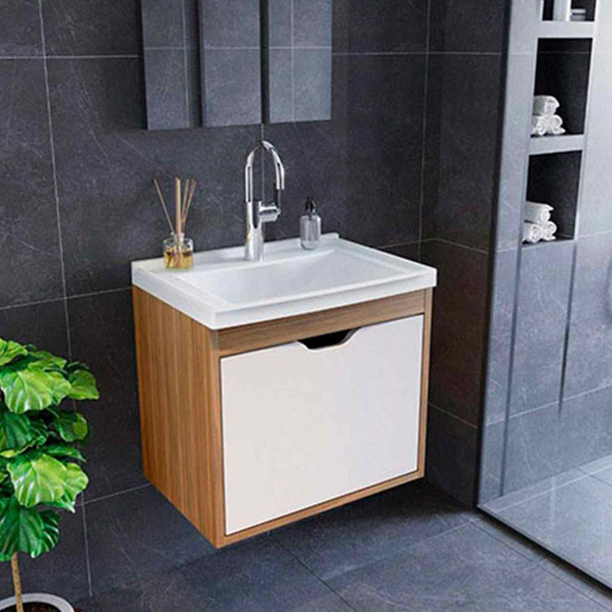 Mueble para Lavamanos Graz Teca y Blanco 45x38cm Individual con Lavamanos y con con Una Puerta - Muebles para Baño | Bylmo