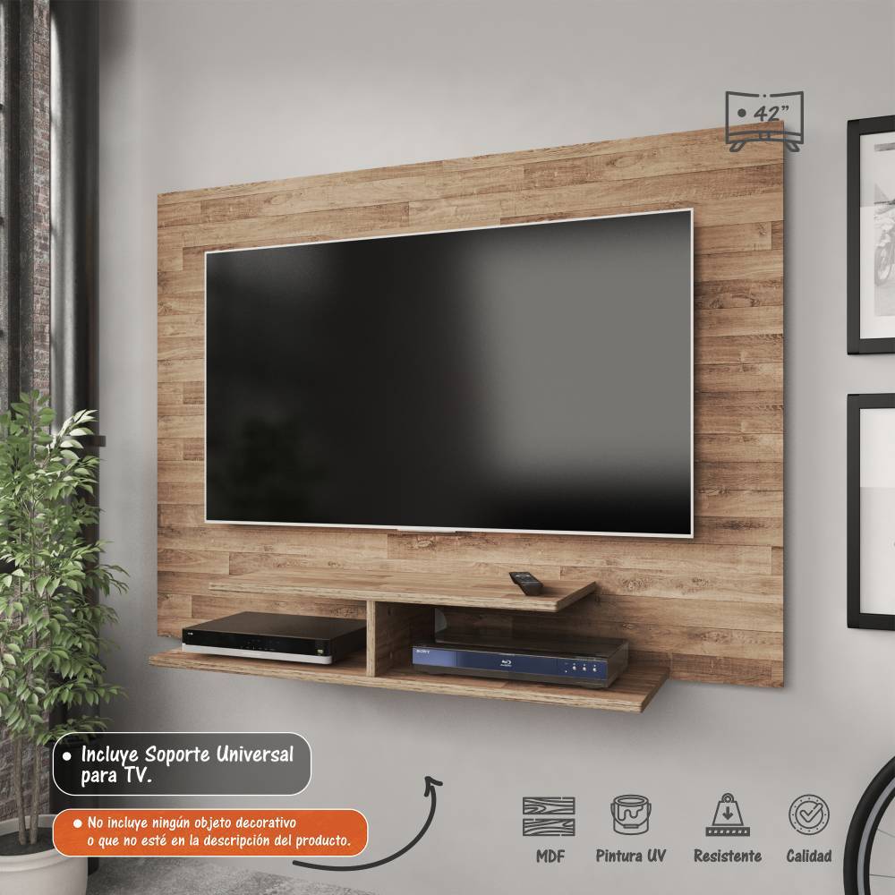 Panel de TV Jet Plus Rústico 120x89cm Para TV Hasta 42 Pulgadas sin Cajones y con Ranuras para Cables - Muebles para TV | Bylmo