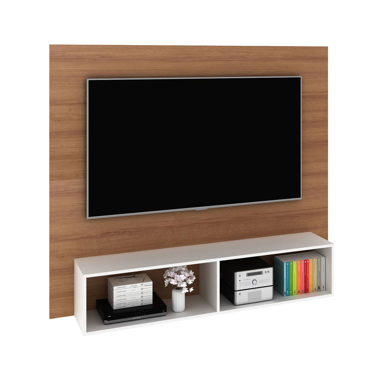 Panel de TV Esperanza Almendra y Blanco 160x136cm Para TV Hasta 65 Pulgadas sin Cajones y con Ranuras para Cables - Muebles para TV | Bylmo
