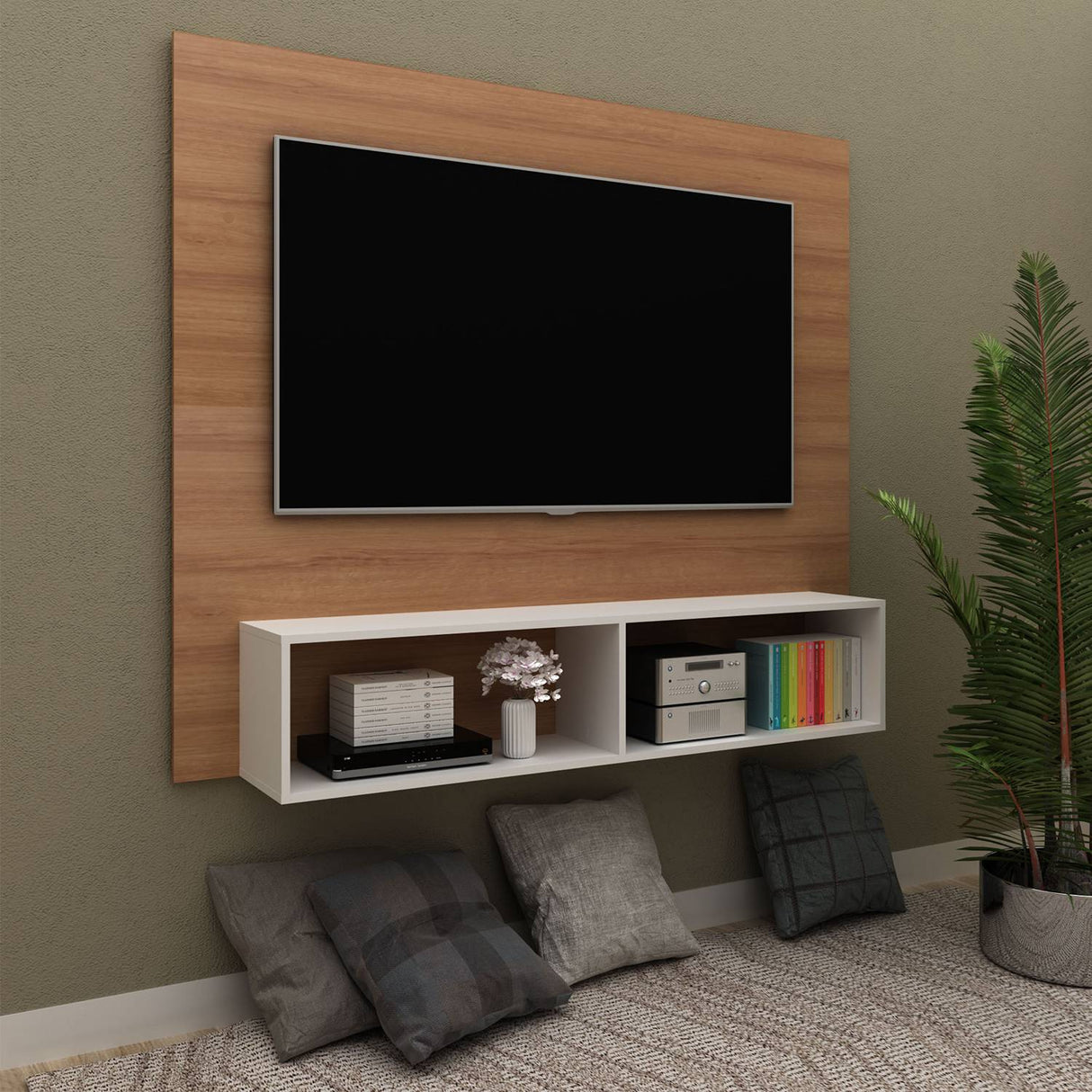 Panel de TV Esperanza Almendra y Blanco 160x136cm Para TV Hasta 65 Pulgadas sin Cajones y con Ranuras para Cables - Muebles para TV | Bylmo