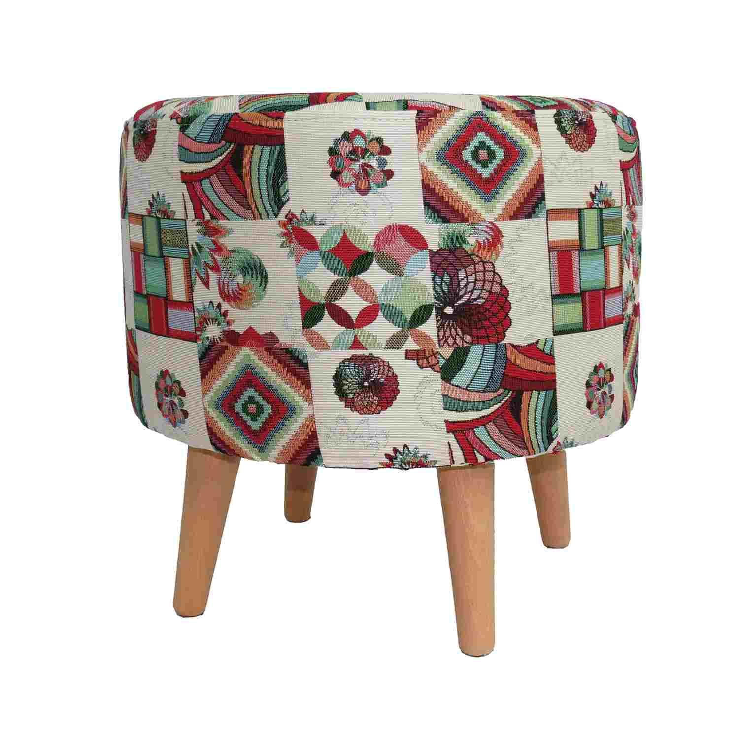 Puff Vitral Multicolor Rojo 40 cm con Patas de Madera - Sillas y Butacos | Bylmo