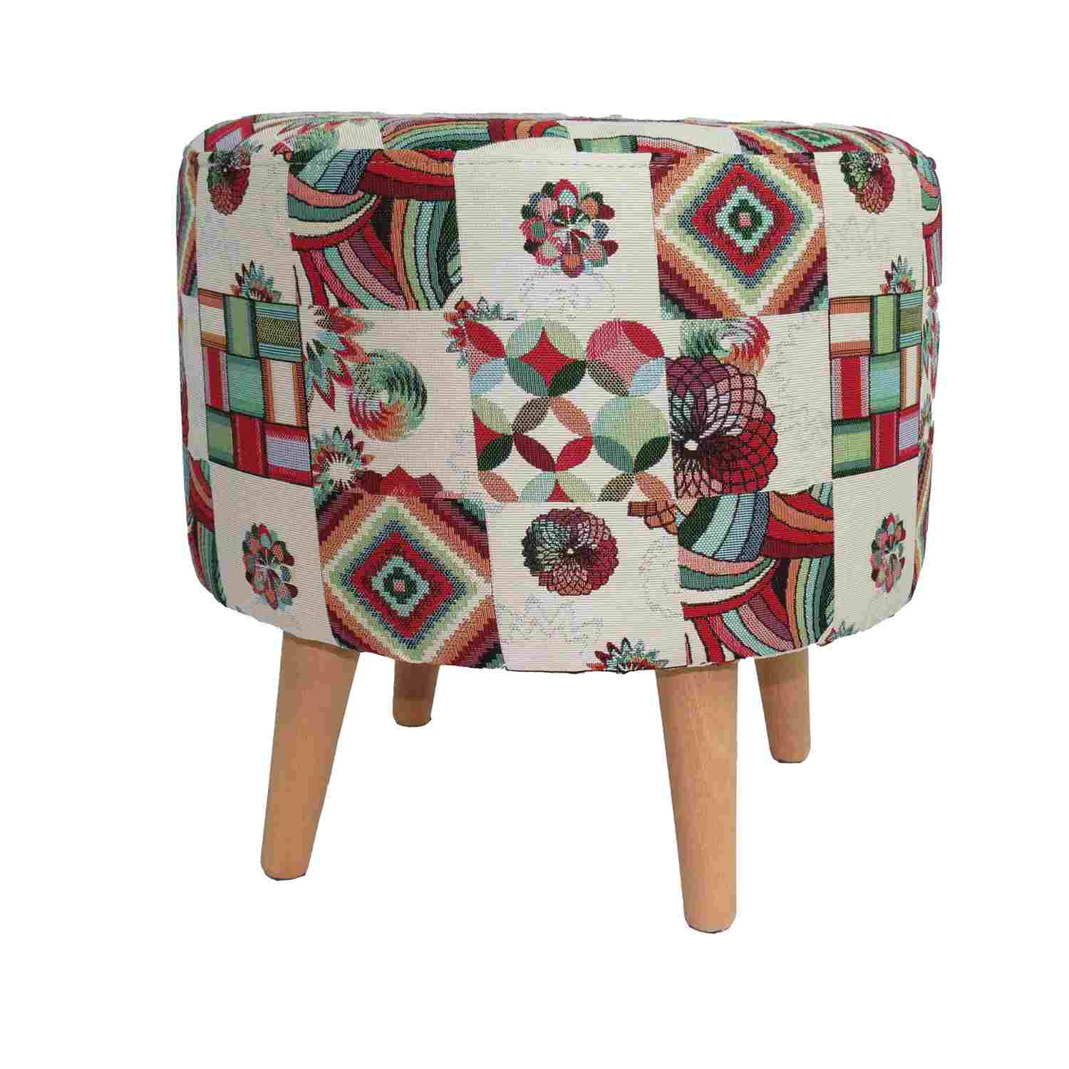 Puff Vitral Multicolor Rojo 40 cm con Patas de Madera - Sillas y Butacos | Bylmo