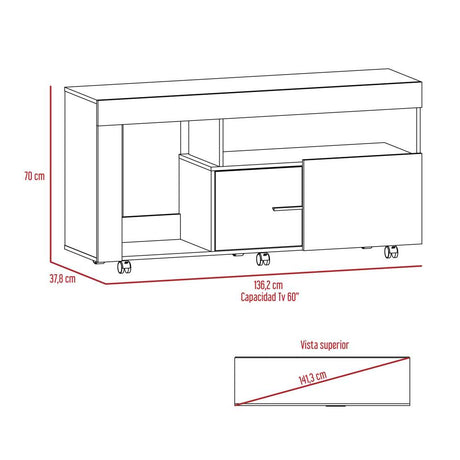 Rack de TV Tolón Coñac 136.2x70cm Para TV Hasta 60 Pulgadas con Dos Cajones y con Ruedas - Muebles para TV | Bylmo