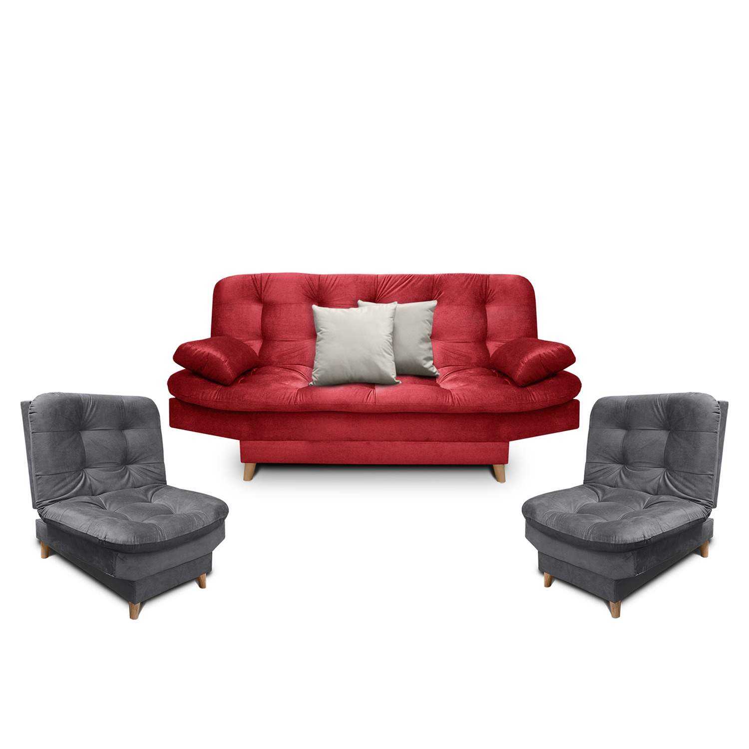 Sala Clic Clac Fendik Rojo 210 cm con Sofá de 3 Puestos, 2 Poltronas Reclinables Grises y Cojines Decorativos - Combos Sala | Bylmo