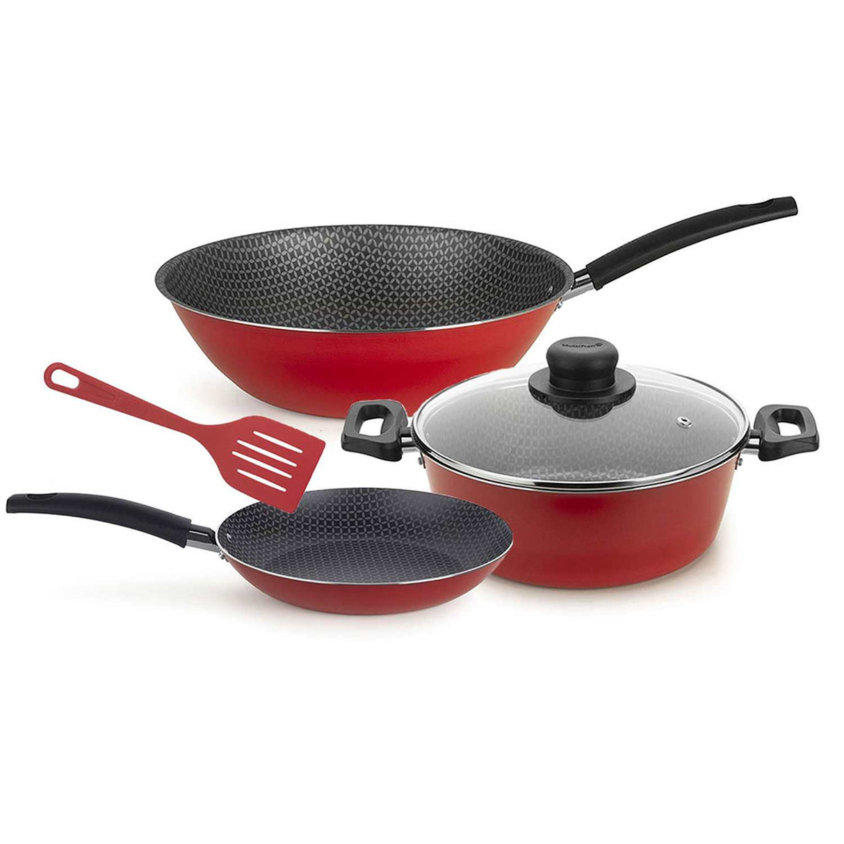 Set de Sarténes Aluminio Aspiración 36 cm wok Basic 45 cm y Olla con tapa Basic 35 cm con Espátula Rojo - Ollas y Sartenes | Bylmo
