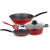Set de Sarténes Aluminio Aspiración 36 cm wok Basic 45 cm y Olla con tapa Basic 35 cm con Espátula Rojo - Ollas y Sartenes | Bylmo