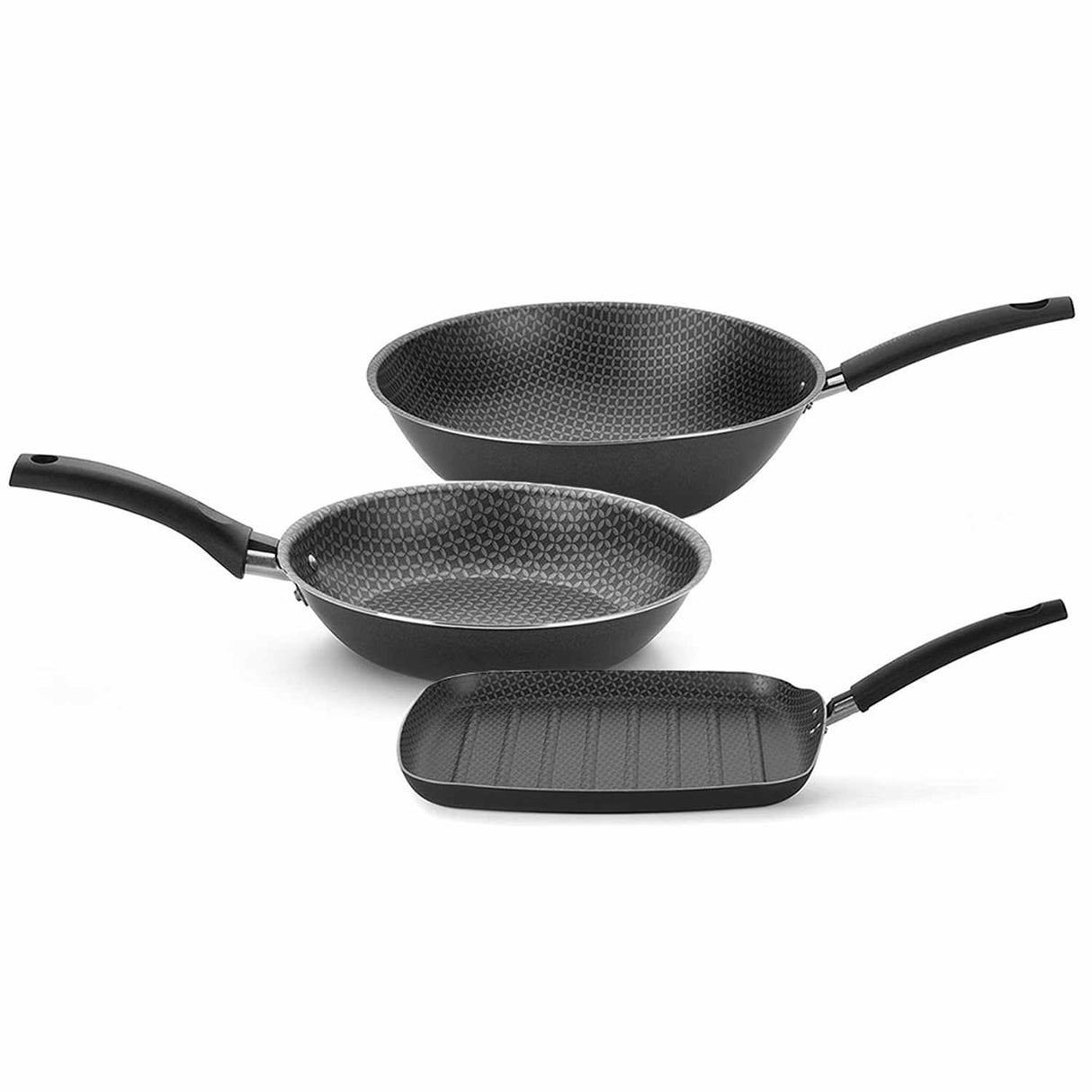 Set de Sarténes Aluminio Basic 37 cm wok Basic 45 cm y Bífera acanalada 47 cm Antiadherente Gris - Ollas y Sartenes | Bylmo
