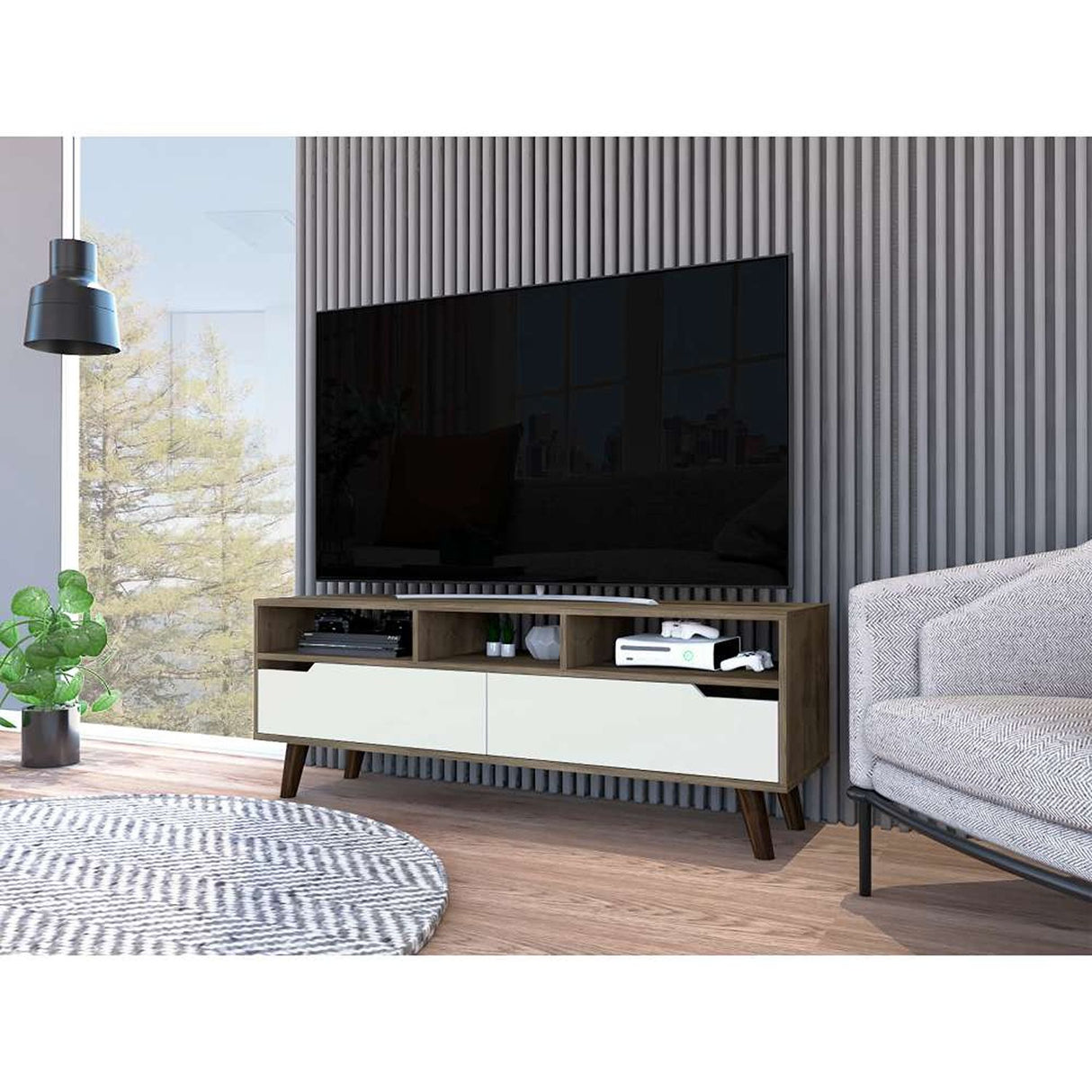 Rack Oslo Bellota y Blanco 137 cm con Dos Puertas - Muebles para TV | Bylmo