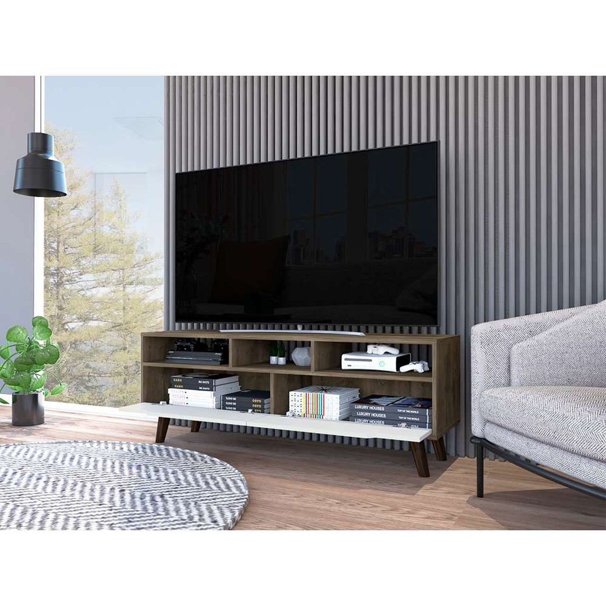 Rack Oslo Bellota y Blanco 137 cm con Dos Puertas - Muebles para TV | Bylmo