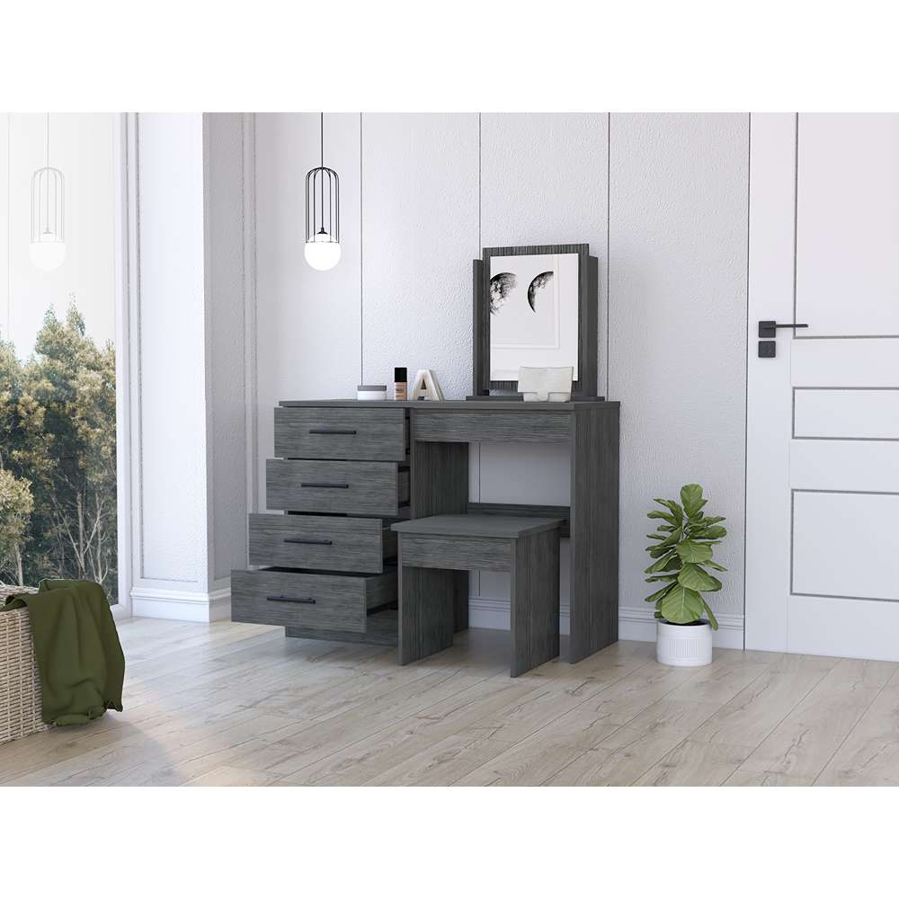 Tocador Kaia Roble Gris 100x126.7cm con Cuatro Cajones y con Espejo - Cajoneras | Bylmo