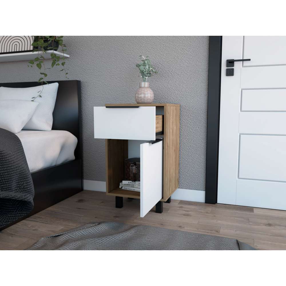 Mesa de Noche Kaia Z Miel y Blanco 41x70cm con Un Cajón y con Una Puerta - Mesas de Noche | Bylmo
