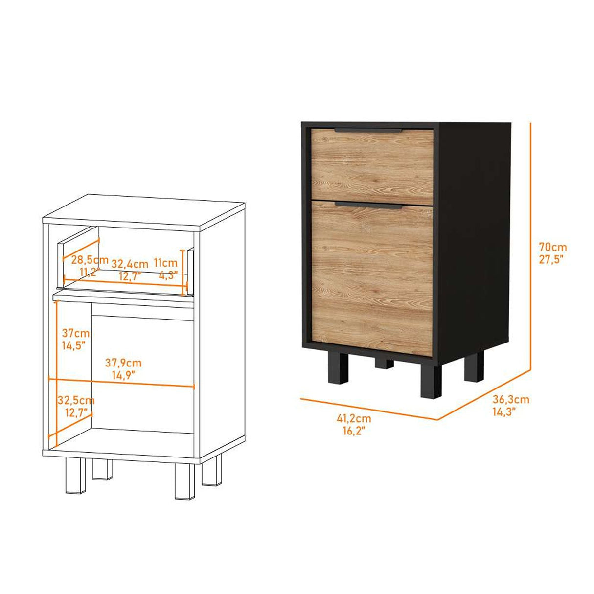Mesa de Noche Kaia Plus Miel y Wengue 41 cm con Un Cajón y Una Puerta - Mesas de Noche | Bylmo