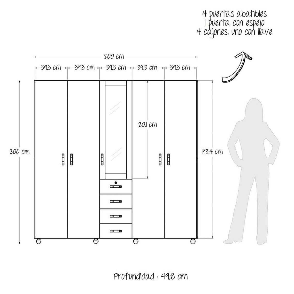 Closet Atlas Niebla 200 cm con Espejo, Cinco Puertas y Cuatro Cajones - Closets | Bylmo