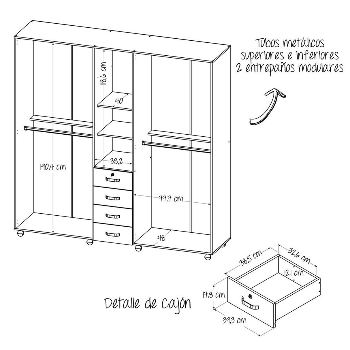 Closet Atlas Niebla 200 cm con Espejo, Cinco Puertas y Cuatro Cajones - Closets | Bylmo