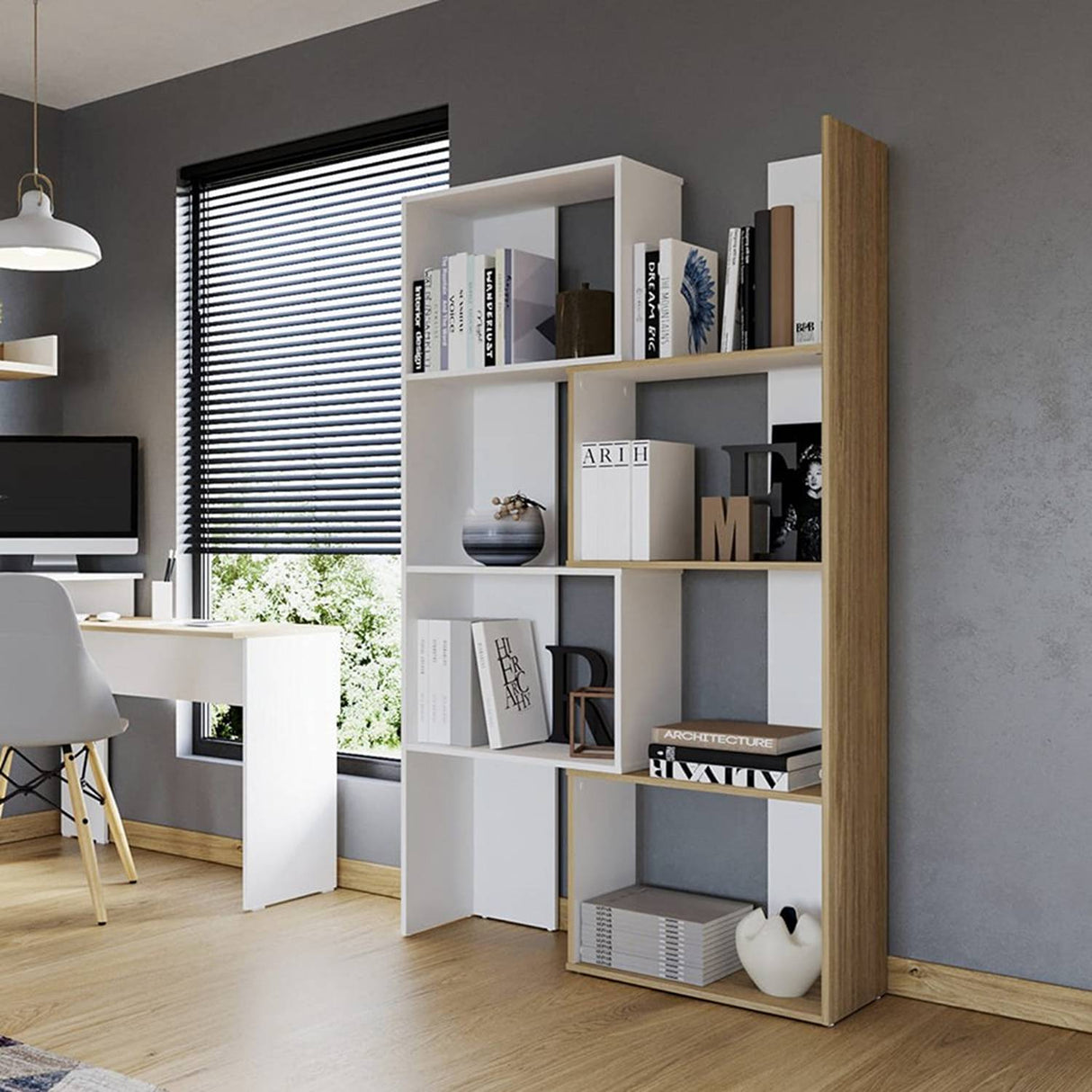 Biblioteca Rovere y Niebla 63x180.6cm Rectangular con Siete Compartimientos - Bibliotecas | Bylmo