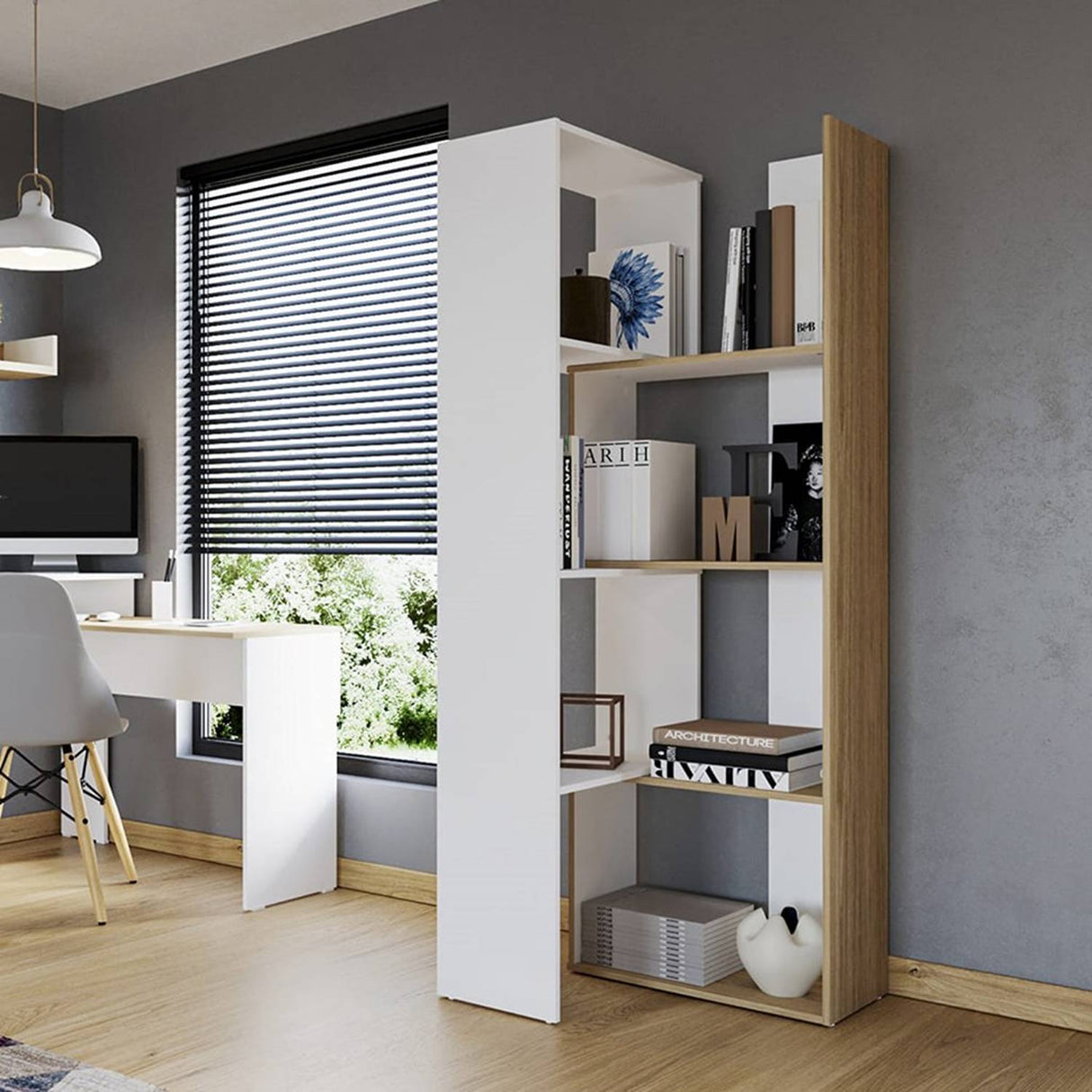 Biblioteca Rovere y Niebla 63x180.6cm Rectangular con Siete Compartimientos - Bibliotecas | Bylmo