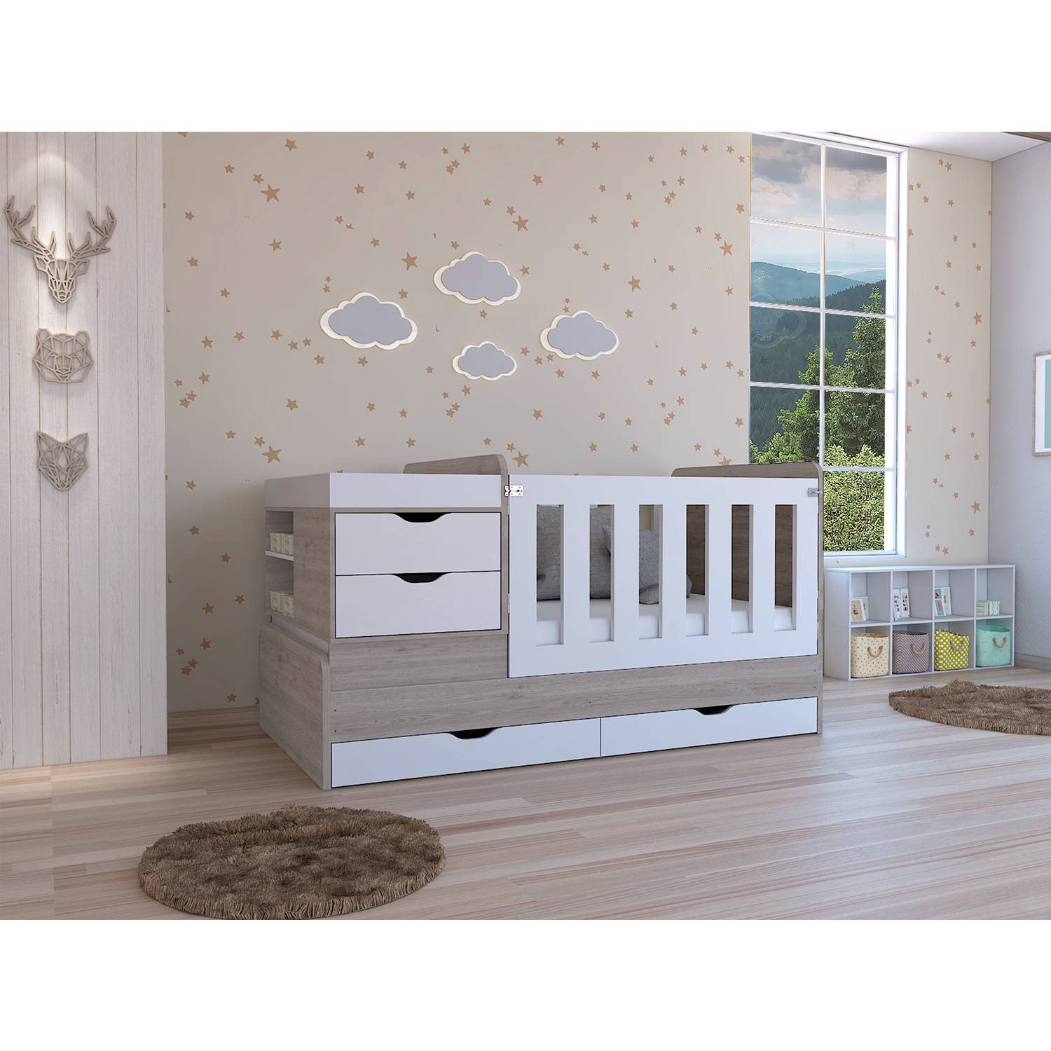 Cama Corral Rosario Blanco y Ceniza 106x99.45cm para Colchón Sencillo sin Colchón y con Cabecero - Camas | Bylmo