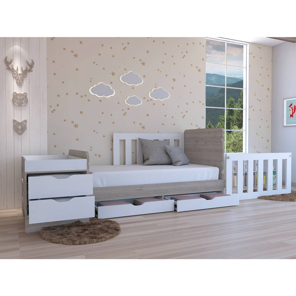 Cama Corral Rosario Blanco y Ceniza 106x99.45cm para Colchón Sencillo sin Colchón y con Cabecero - Camas | Bylmo