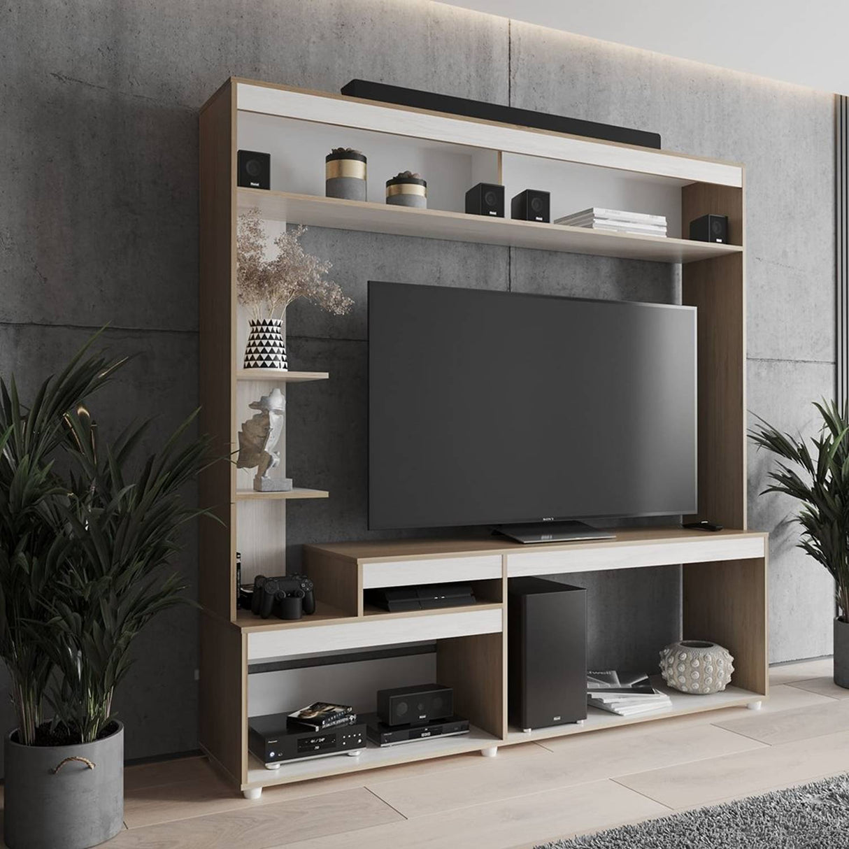 Centro de Entretenimiento Rovere y Niebla 181.5x184.7cm para TV Hasta 65 Pulgadas y con Siete Compartimientos - Muebles para TV | Bylmo