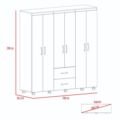Closet Bariloche Duna 200 cm con Seis Puertas, Dos Cajones y Rodachinas - Closets | Bylmo