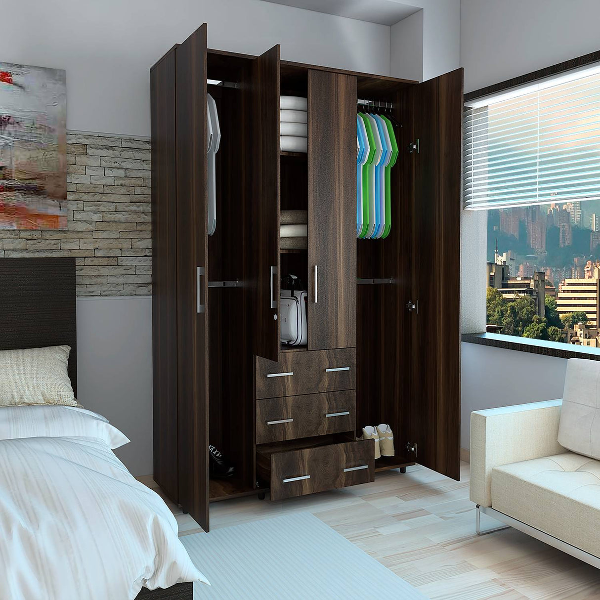 Closet Capri Habano 150 cm con Cuatro Puertas, Tres Cajones y Cerradura - Closets | Bylmo