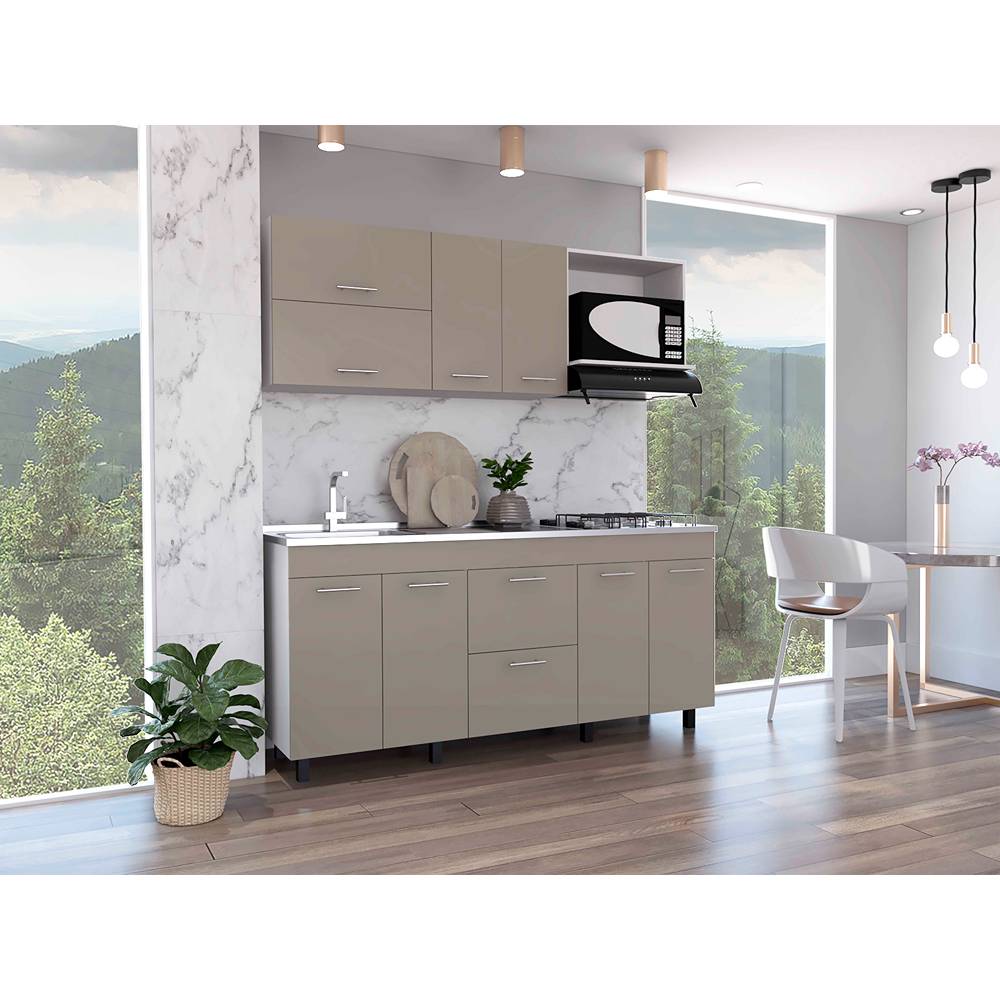 Cocina Sakai Taupe y Blanco 180 cm Izquierda con Mesón - Cocinas | Bylmo