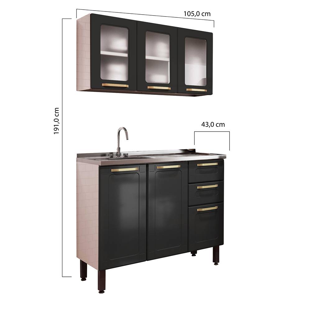 Cocina Integral Negro 105x52,5cm con Meson de Acero Al Carbon y con Pozuelo para lado Izquierda - Cocinas | Bylmo