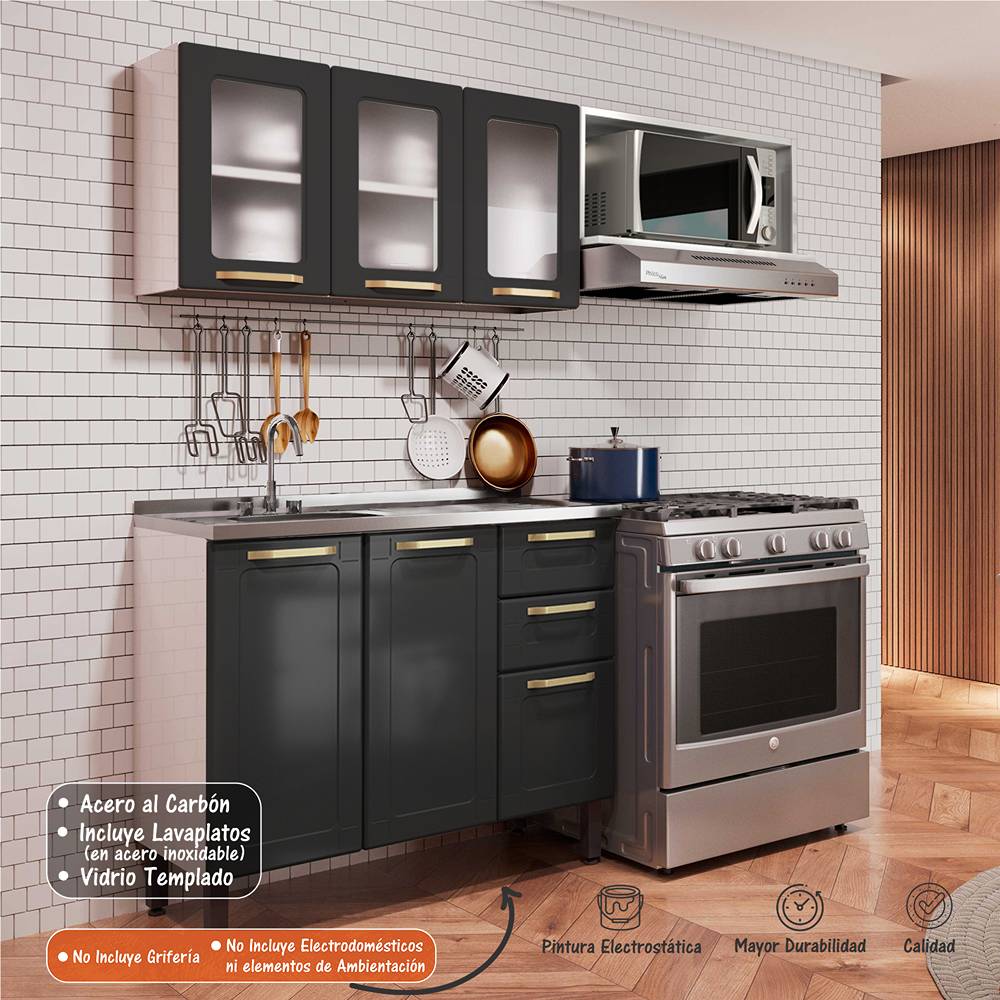 Cocina Integral Negro 165x52,5cm con Meson de Acero Al Carbon y con Pozuelo para lado Izquierda - Cocinas | Bylmo