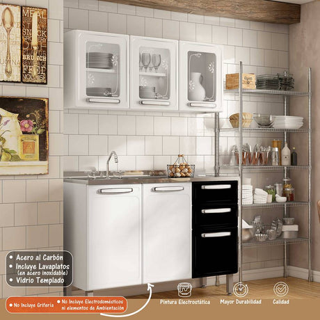 Cocina Integral Evidence Blanco y Negro 120x192cm con Mesón de Acero Al Carbon Lado Izquierdo y sin Estufa - Cocinas | Bylmo