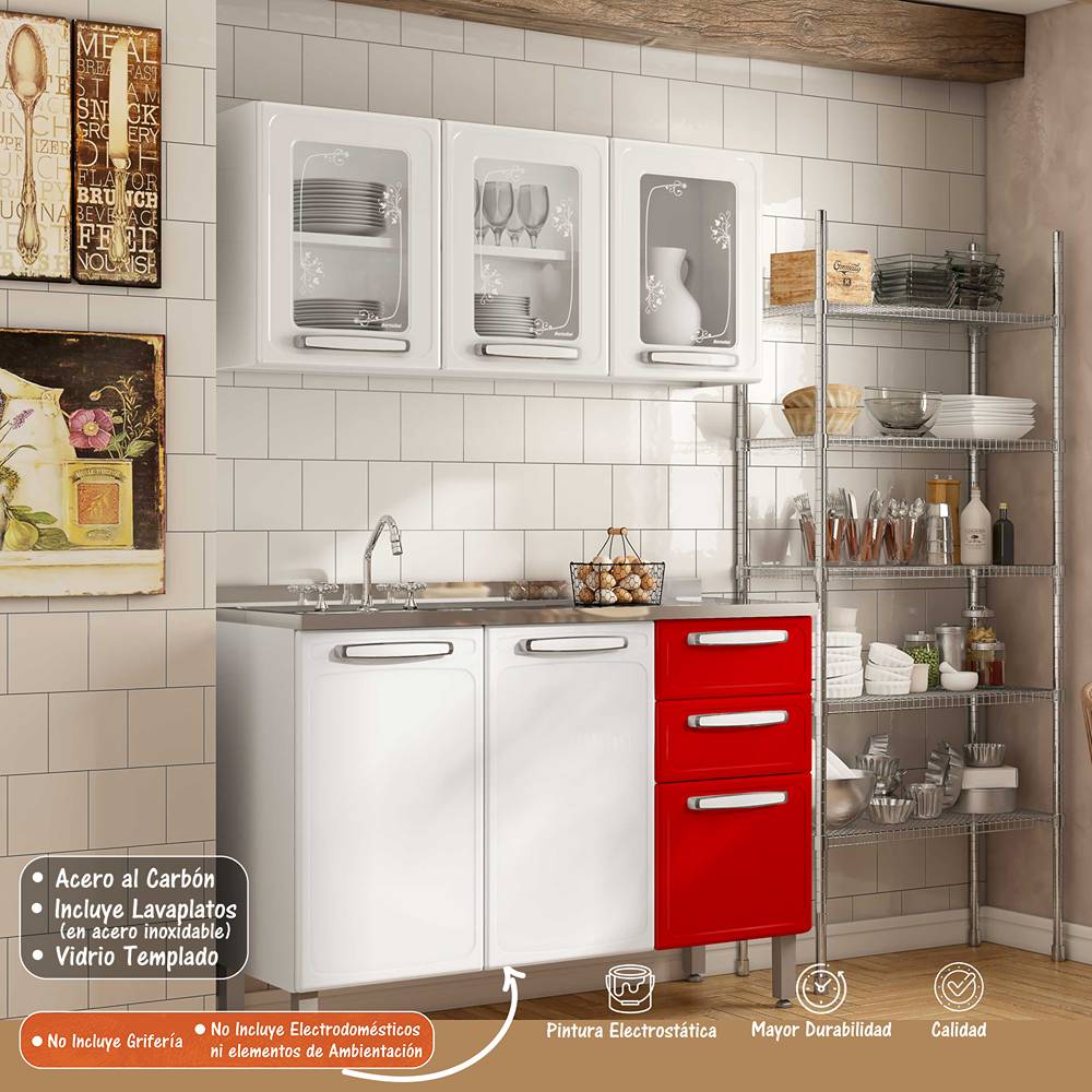 Cocina Integral Evidence Blanco y Rojo 120 cm Izquierda con Mesón - Cocinas | Bylmo