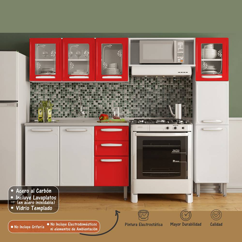 Cocina Integral Evidence Rojo y Blanco 220 cm con Mesón - Cocinas | Bylmo