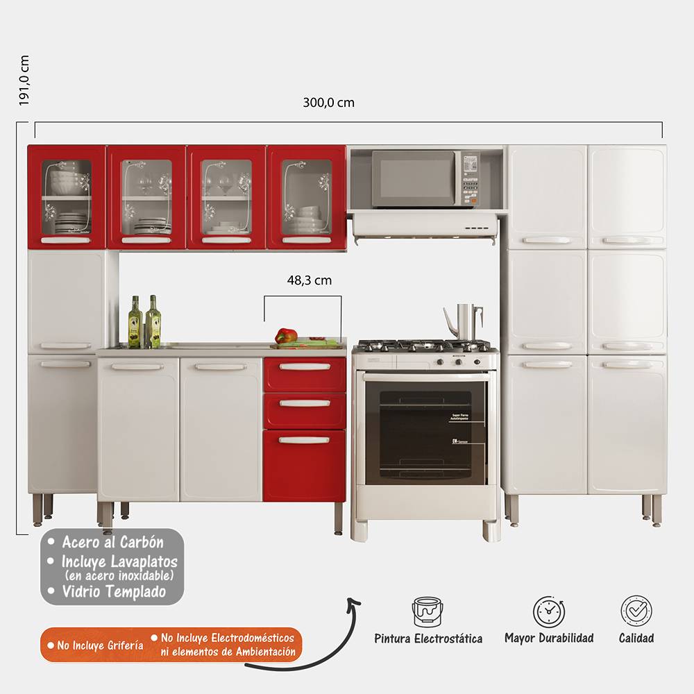 Cocina Integral Evidence Blanco y Rojo 300 cm con Mesón - Cocinas | Bylmo