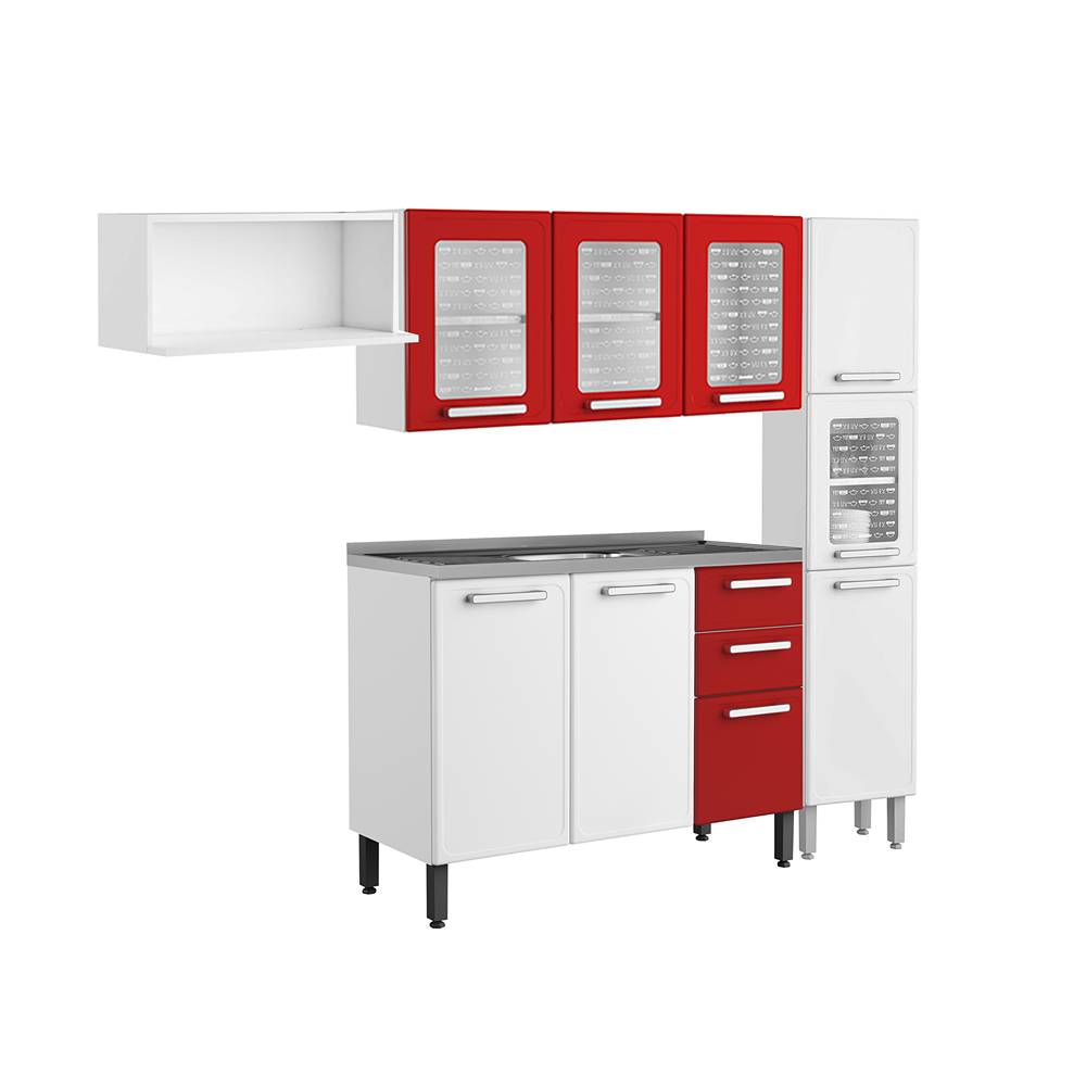 Cocina Integral Gourmet Blanco y Rojo 220 cm con Mesón - Cocinas | Bylmo