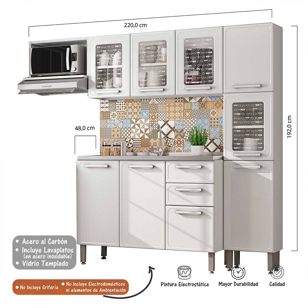 Cocina Integral Gourmet Blanco 220 cm con Mesón - Cocinas | Bylmo