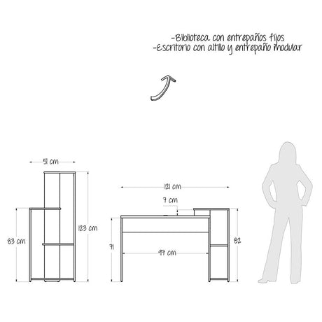 Combo Escritorio y Biblioteca Z Niebla 121x82cm sin Cajones y con Organizador de Libros - Escritorios y Archivadores | Bylmo