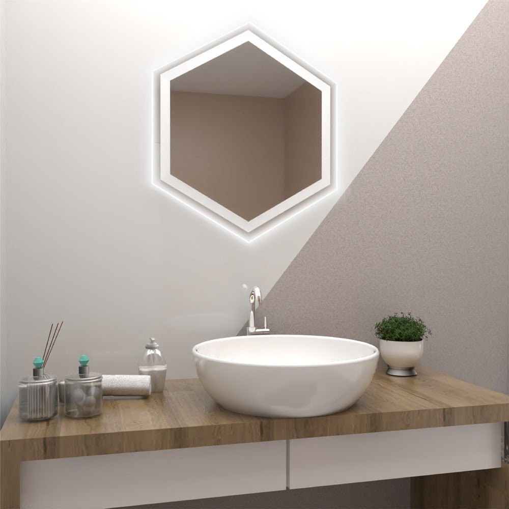 Espejo de Baño Led Wolf Plateado 70x70cm Hexagono con Sandblasting - Espejos de Baño | Bylmo