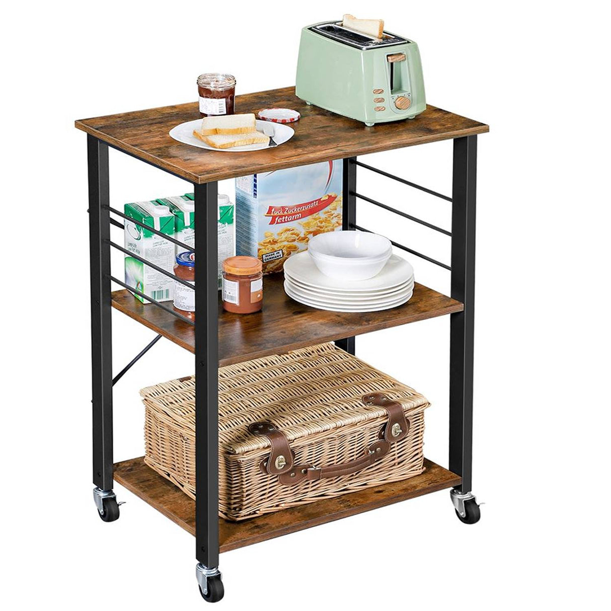 Mueble Auxiliar Dinor Café Rústico y Negro 60 cm con Rodachinas - Barras y Muebles Auxiliares | Bylmo