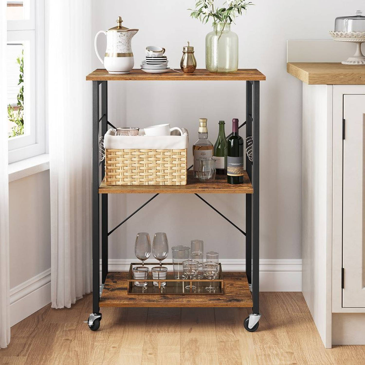Mueble Auxiliar Dinor Café Rústico y Negro 60 cm con Rodachinas - Barras y Muebles Auxiliares | Bylmo