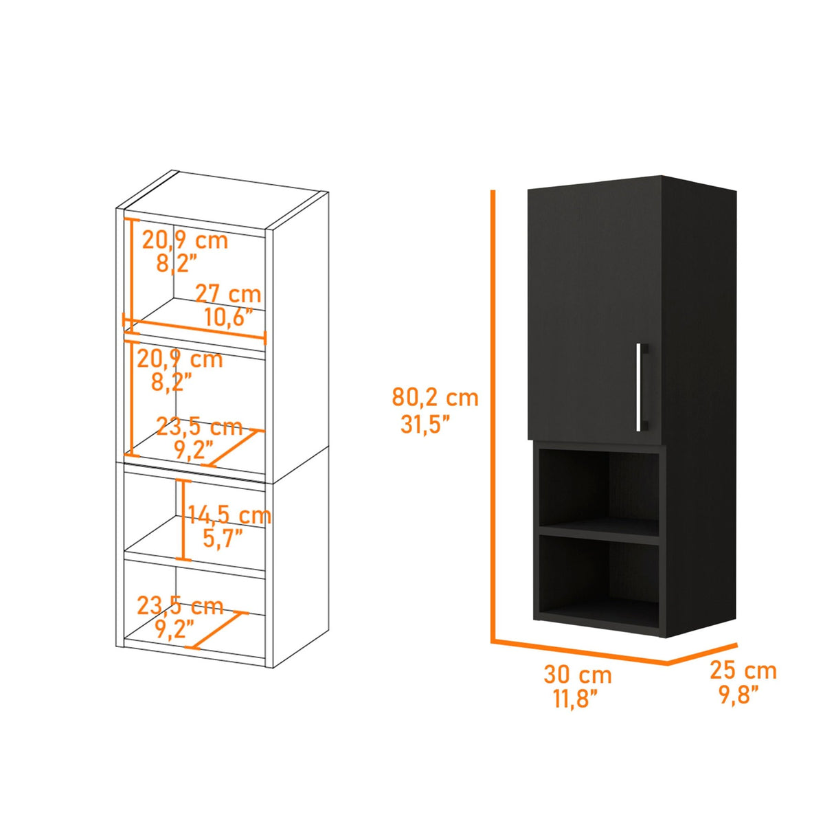 Gabinete de Baño Madrid Wengue 30x80cm Rectangular sin Espejo y con Dos Entrepaños - Gabinetes | Bylmo